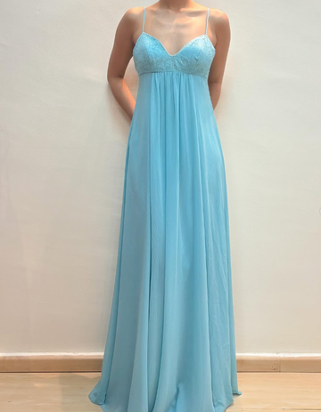 2025 New A Line Spaghetti Strap Beaded Sequin Blue Chiffon Prom Dress Evening Dress HZ1023